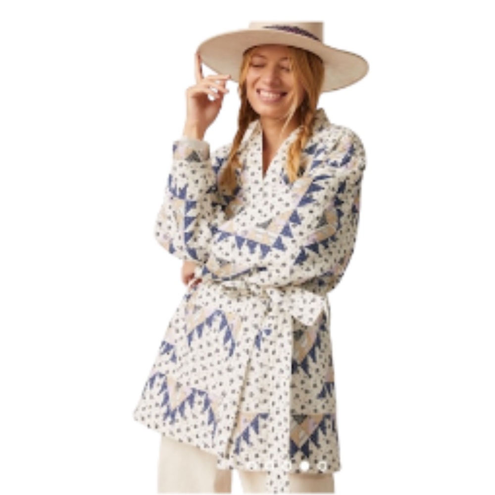 Anthropologie Othilia Quilted Kimono Wrap Belted Jacket Neutral Motif